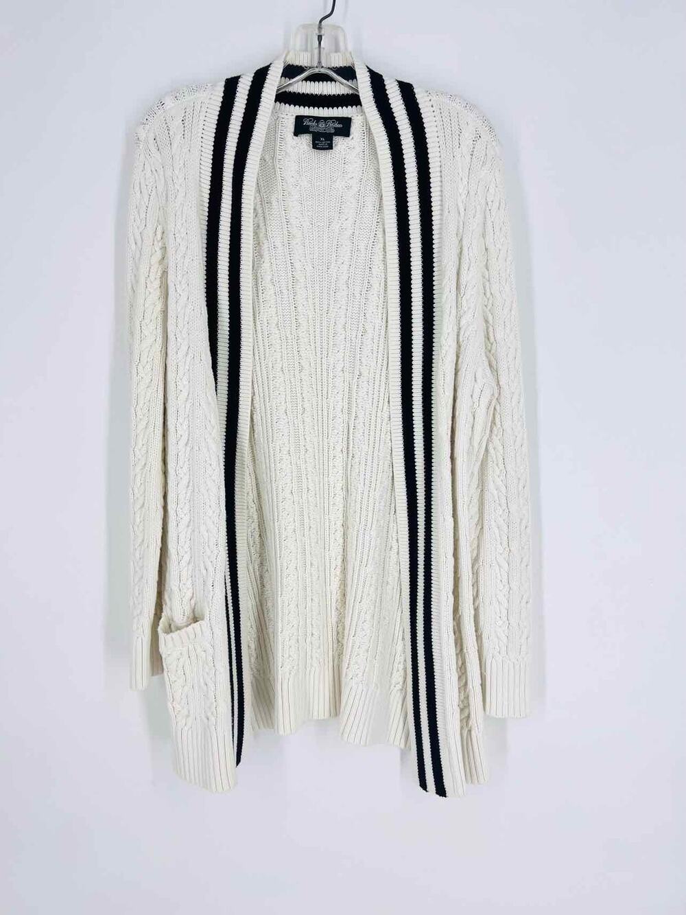 Brooks Brothers Size XL White/Black Trim Cable Knit Designer Cardigan